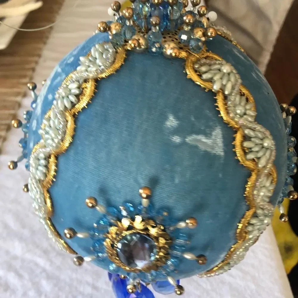 X Large Vintage velvet push pin ornament handmade blue pearl